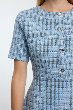 Indigo Etegi Belden Ac?lan Bisiklet Yaka Mini Tuvit Dokuma Elbise TWOAW25EL00280