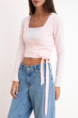 Ac?k Pembe-Beyaz 2li Paket Baglama Detayl? Vucuda Oturan Esnek Orme Bluz TWOAW26BZ00102