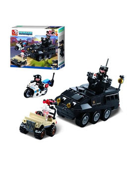 Конструктор SLUBAN 324 дет. "Полиция. Бронеавтомобиль стреляющий, мотоциклист и преступник на джипе" (М38-В0655) в коробке