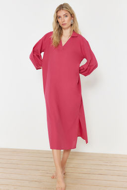 Fusya Dokuma Y?rtmacl? %100 Pamuk Plaj Midi Elbise TBESS22EL0009