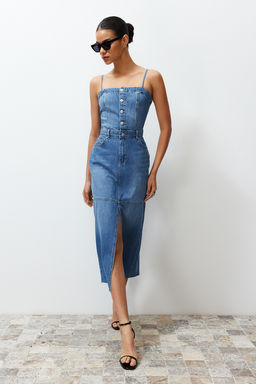 TRENDYOLMILLA Mavi Y?rtmacl? Dikis Detayl? Ask?l? Maxi Denim Elbise TWOSS24EL00544  фото 3