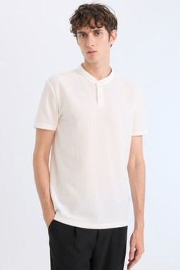 Modern Fit Dik Yaka Waffle K?sa Kollu Polo Tisort