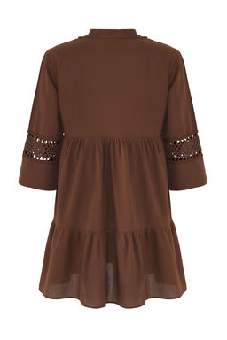 Kahverengi Dokuma Dantel %100 Pamuk Plaj Mini Elbise TBESS20EL0854