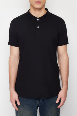 Siyah Renk Bloklu Regular/Normal Kesim %100 Pamuklu Polo Yaka T-shirt TMNSS24PO00009