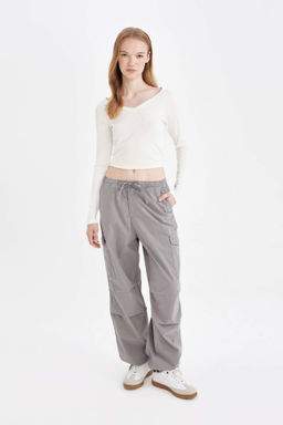 Coool Parasut Poplin Pantolon Basic Duz Cepli Beli Lastikli - Defacto фото 4