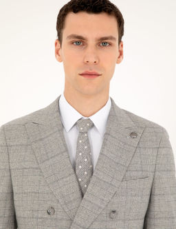 Gri Ex. Slim Fit Ekose Kruvaze Tak_m Elbise