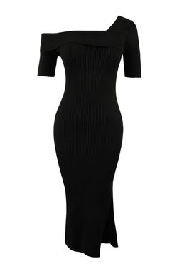 Siyah Asimetrik Yaka Duz Midi Triko Elbise TWOSS26EL00101 - Trendyolmilla фото 5