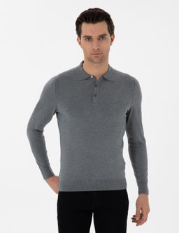 Gri Slim Fit Polo Yaka Triko Kazak
