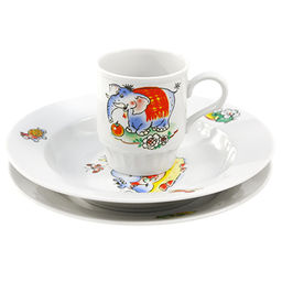 Набор посуды фарфоровый Зоопарк 3 предмета: кружка 210мл, тарелка мелкая д200мм, тарелка глубокая д200мм, форма Русское поле (Россия)