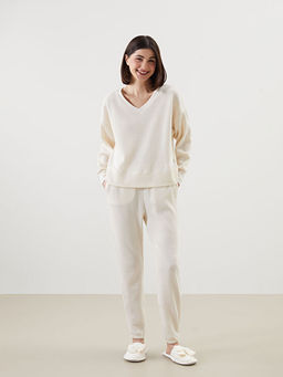 V Yaka Kendinden Desenli Oversize Kad?n Pijama ?st?
