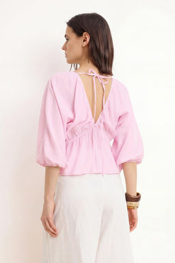 Pembe Lastikli V Yaka Rahat Dokuma Bluz TWOSS26BZ00399