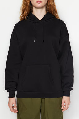 Siyah Kal?n Ici Polarl? Oversize/Genis Kal?p Kapusonlu Basic Orme Sweatshirt TWOAW24SW00103