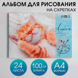 Альбом для рисования на скрепках А4, 24 листа Котик (обложка 160 г/м2, бумага 100 г/м2).