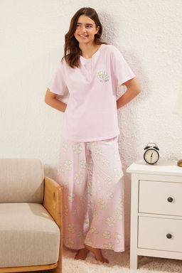 Trendyolmilla Lila %100 Pamuklu Cicekli Dugmeli Orme Pijama Tak?m? THMSS25PT00179 фото 6