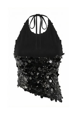 Siyah Payetli Ask?l? Asimetrik Kesim Bluz TPRSS26BZ00017