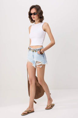 Ac?k Mavi Y?rt?k Detayl? Ekstra Mini Denim Sort TWOSS26SR00218 - Trendyolmilla фото 2