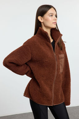 Winter Essentials Kahverengi Kal?n Polar Fermuarl? Dik Yaka Cepli Orme Sweatshirt TWOAW24SW00071