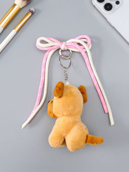 Брелок текстиль "Милый щенок с бело-розовым бантиком" коричневый 5х9,5х20 см