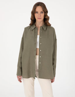 Haki Oversize Uzun Kollu %100 Keten G_mlek