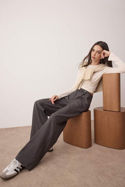 Gri Wide Leg/Genis Paca Yuksek Bel Dokuma Pantolon TWOAW26PL00036