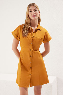 TRENDYOLMILLA Siyah Pamuk Saten Mini Dokuma Gomlek Elbise TWOSS25EL00129