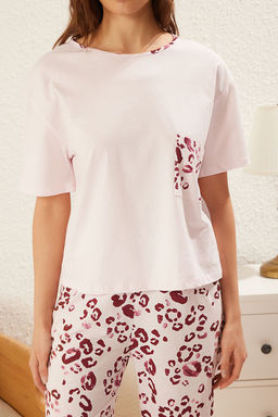 Trendyolmilla Pudra %100 Pamuklu Leopar Desenli Orme Pijama Tak?m? THMSS25PT00181