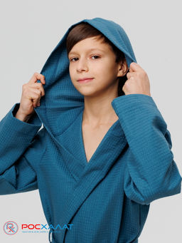 Подростковый вафельный халат с капюшоном темно-бирюзовый В-18 (23)