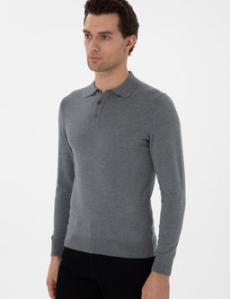 Gri Slim Fit Polo Yaka Triko Kazak - Cacharel фото 3