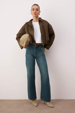 Koyu Mavi Yuksek Bel Dokumlu Liyosel Kar?s?ml? Wide Leg Jeans TWOAW26JE00247