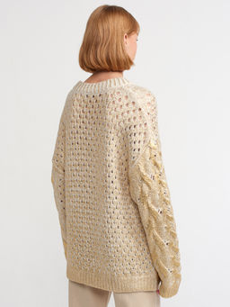 10465 Вязаный свитер с принтом фольги для волос-Экрю-Золото