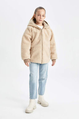 Плюшевое пальто с капюшоном и карманами на двусторонней молнии для девочек - Defacto фото 8