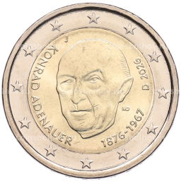 Монета 2 евро 2026 года J Германия Конрад Аденауэр