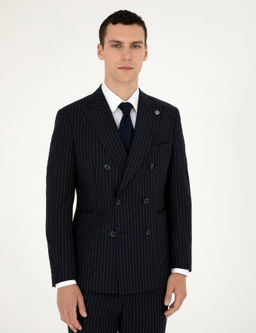 Lacivert Ex. Slim Fit _izgili Kruvaze Y_n Kar___ml_ Tak_m Elbise