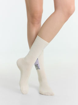 Цена за 5 пар! Носки женские кремовые с надписью "Какой ты кот сегодня?" молочный 217K-2866