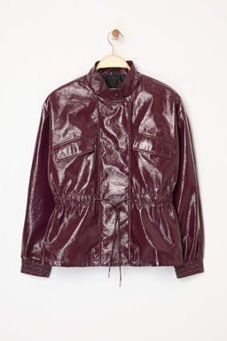 Bordo Regular Kal?p Belden Buzgulu Parlak Ince Ceket Mont TWOAW26MO00079