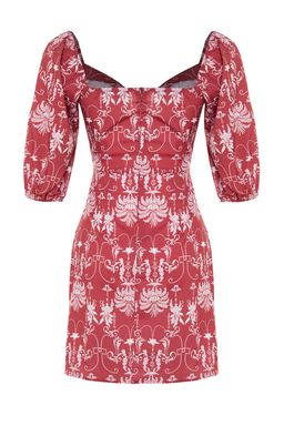 Bordo Duz Kesim Mini Pamuklu Kalp Yaka Desenli Dokuma Elbise TWOSS23EL00284 - Trendyolmilla фото 9