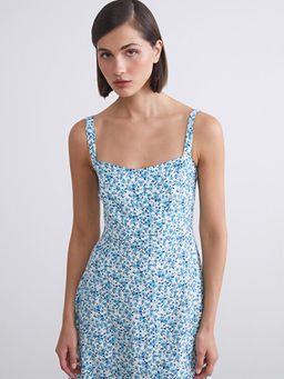 Kare Yaka ?i?ekli Mini Elbise