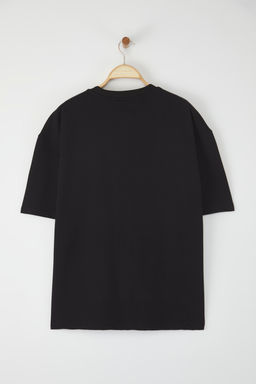 Siyah Oversize/Genis Kesim Pamuklu Kal?n Basic T-Shirt TEDSS25TS00005