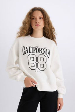 Loose Fit Bisiklet Yaka Bask?l? Kal?n Kumas Sweatshirt