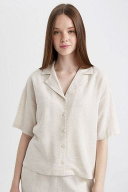 Oversize Genis Kal?p Pijama Yaka Keten Kar?s?ml? K?sa Kollu Gomlek