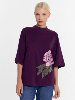 Футболка женская фиолетовая с цветком инжир +печать 112874