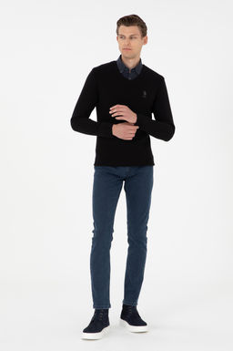 Erkek Slim Fit V Yaka Siyah Basic Kazak