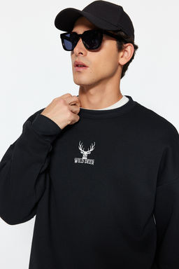 Siyah Oversize/Genis Kesim Uzun Kol Hayvan Nak?sl? Sweatshirt TMNAW24SW00169