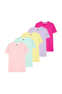 Cok Renkli K?z Cocuk %100 Pamuk Basic K?sa Kol Orme T-shirt TKDSS25TS00044