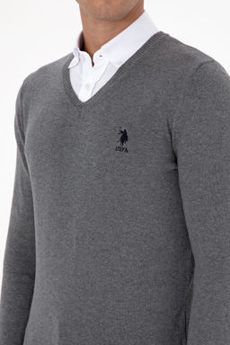 Erkek Slim Fit V Yaka Gri Melanj Basic Kazak - U.s. polo assn фото 6