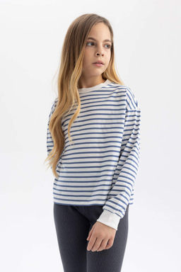 Полосатая футболка с длинными рукавами из чесаного хлопка с круглым вырезом для девочек