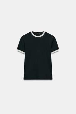 CAMISETA MANGA CORTA ENCAJE / Negro / Blanco