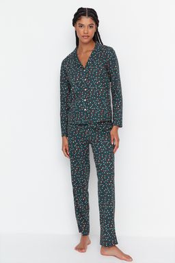 Yesil %100 Pamuklu Leopar Desenli Gomlek Pantolon Orme Pijama Tak?m? THMAW23PT00150