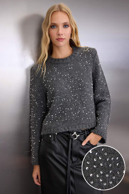 Antrasit Yumusak Dokulu Crop/K?sa Pul Payet Islemeli Triko Kazak TWOAW26KZ00183 - Trendyolmilla фото 8