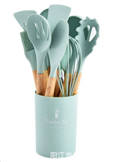 Кухонный набор 12 предметов в подставке/ NA-141 /уп 16/ приборы силикон/дерево /0,8/Бирюзовый